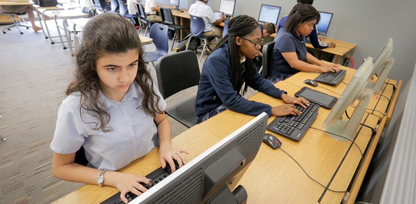 Students sit at desks in a computer lab, concentrating on desktop computers in a studious, collaborative atmosphere.